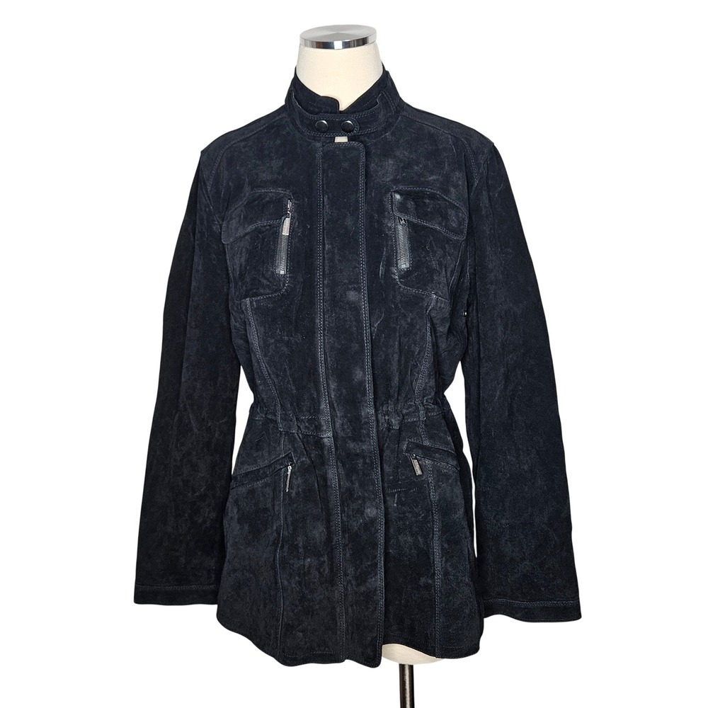 Twiggy London Womens Black‎ Suede Utility Jacket Mock Neck Zip Up Size M